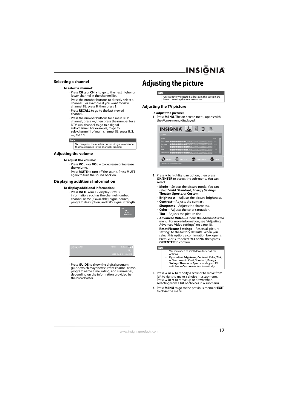 Selecting a channel, Adjusting the volume, Displaying additional information | Adjusting the picture, Adjusting the tv picture, Ee “selecting a channel” o, Ee “adjusting the tv picture | Insignia NS-L42Q-10A User Manual | Page 21 / 60