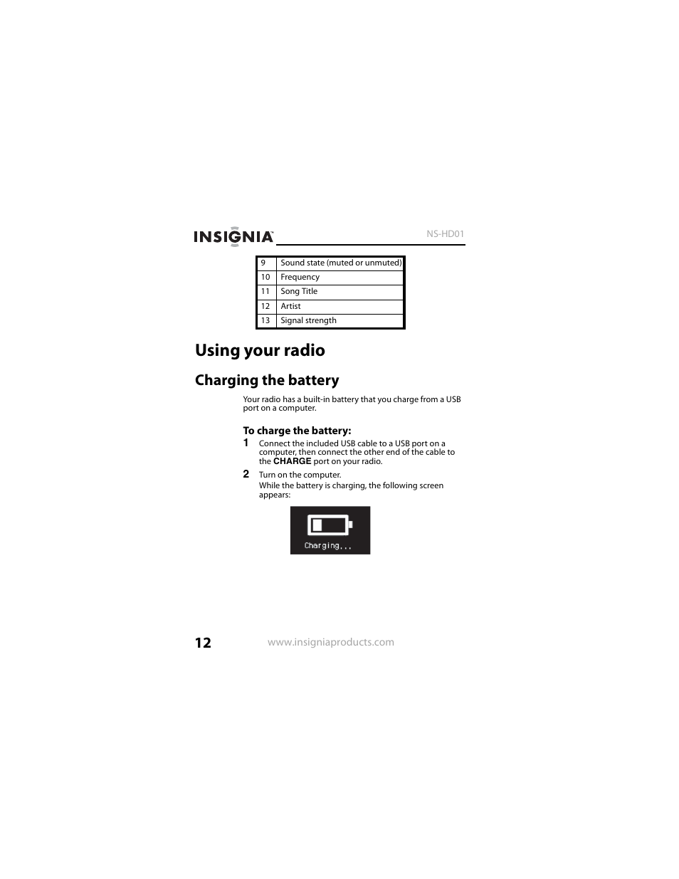 Using your radio, Charging the battery | Insignia NS-HD01 User Manual | Page 12 / 44