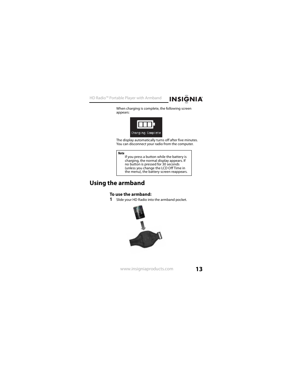 Using the armband | Insignia NS-HD01 User Manual | Page 13 / 44