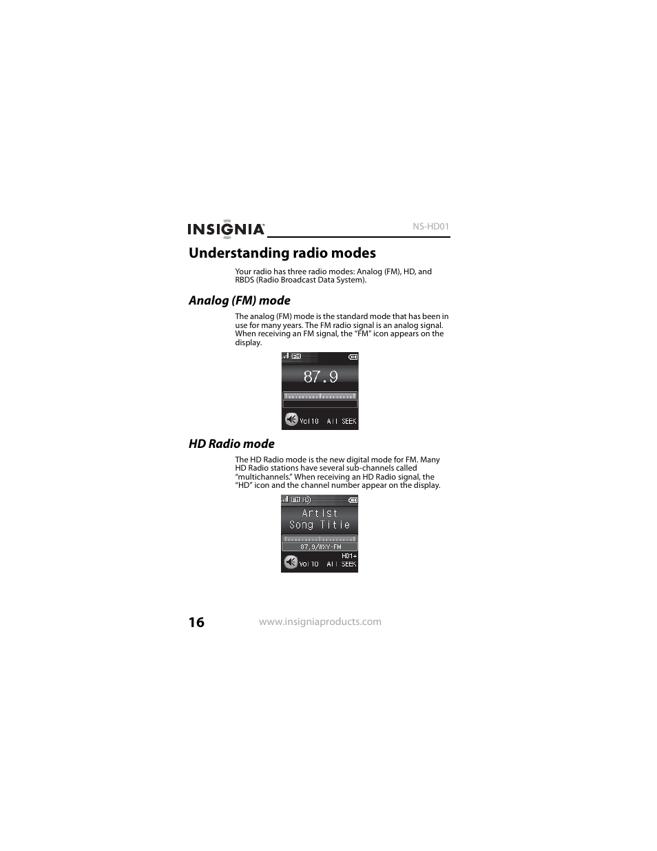 Understanding radio modes, Analog (fm) mode, Hd radio mode | Insignia NS-HD01 User Manual | Page 16 / 44