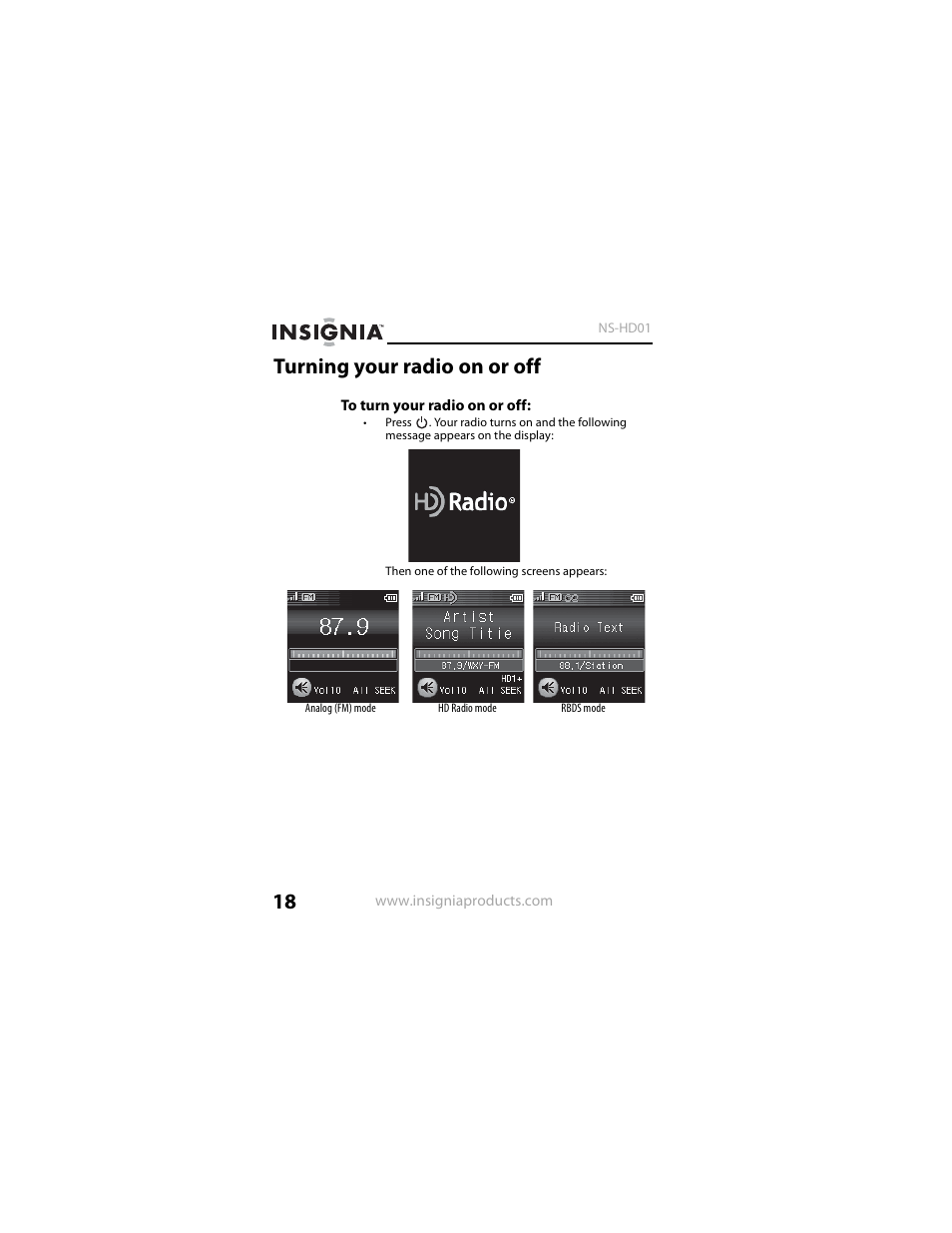 Turning your radio on or off | Insignia NS-HD01 User Manual | Page 18 / 44