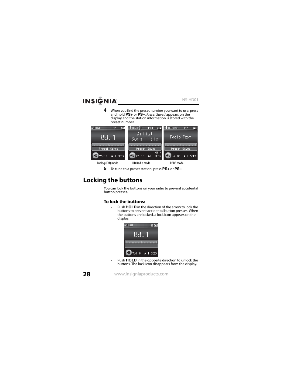 Locking the buttons | Insignia NS-HD01 User Manual | Page 28 / 44