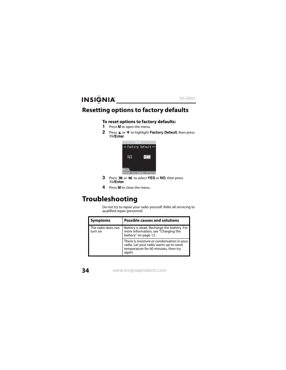 Resetting options to factory defaults, Troubleshooting | Insignia NS-HD01 User Manual | Page 34 / 44