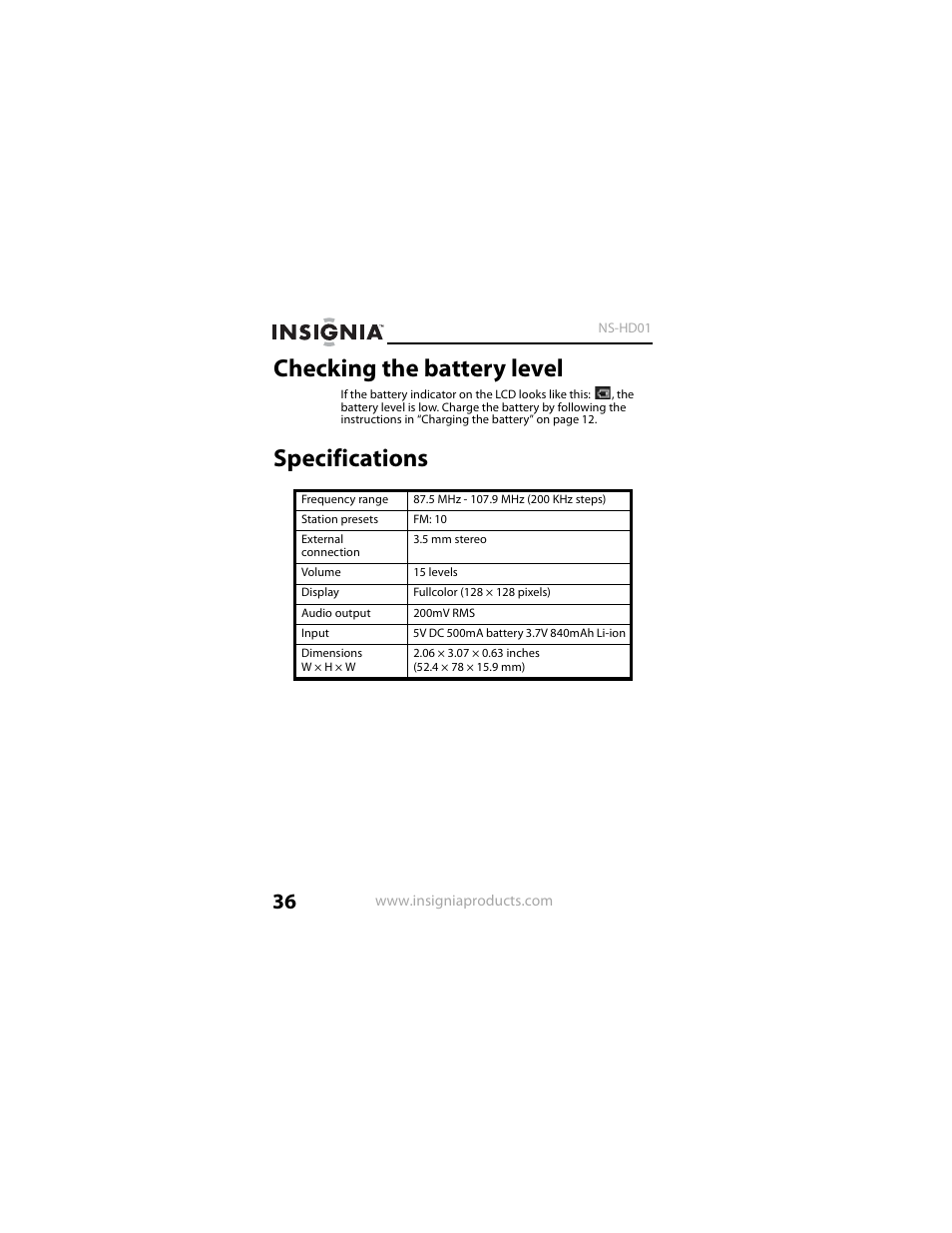 Checking the battery level, Specifications, Checking the battery level specifications | Insignia NS-HD01 User Manual | Page 36 / 44