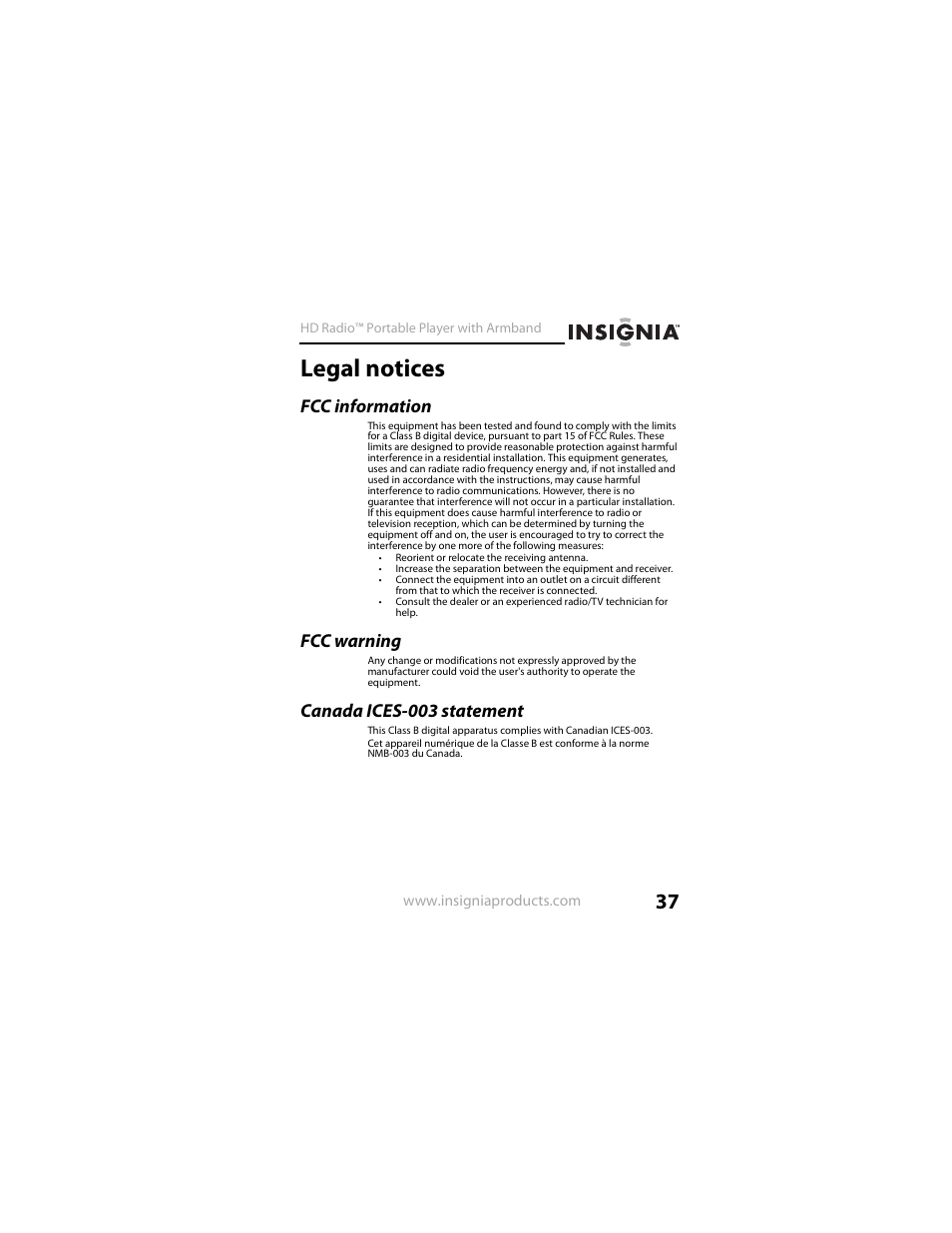 Legal notices, Fcc information, Fcc warning | Canada ices-003 statement | Insignia NS-HD01 User Manual | Page 37 / 44