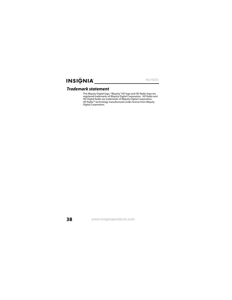 Trademark statement | Insignia NS-HD01 User Manual | Page 38 / 44