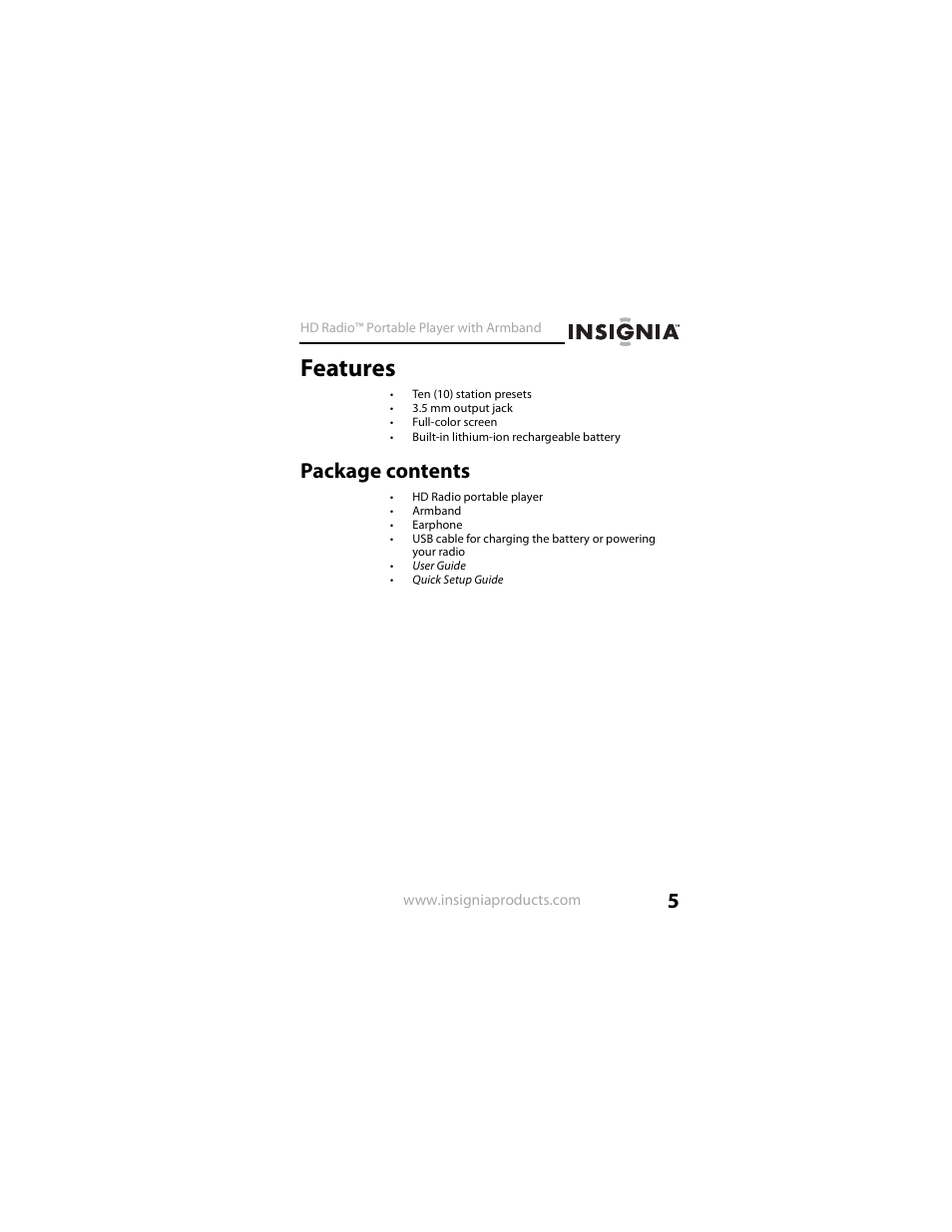 Features, Package contents | Insignia NS-HD01 User Manual | Page 5 / 44