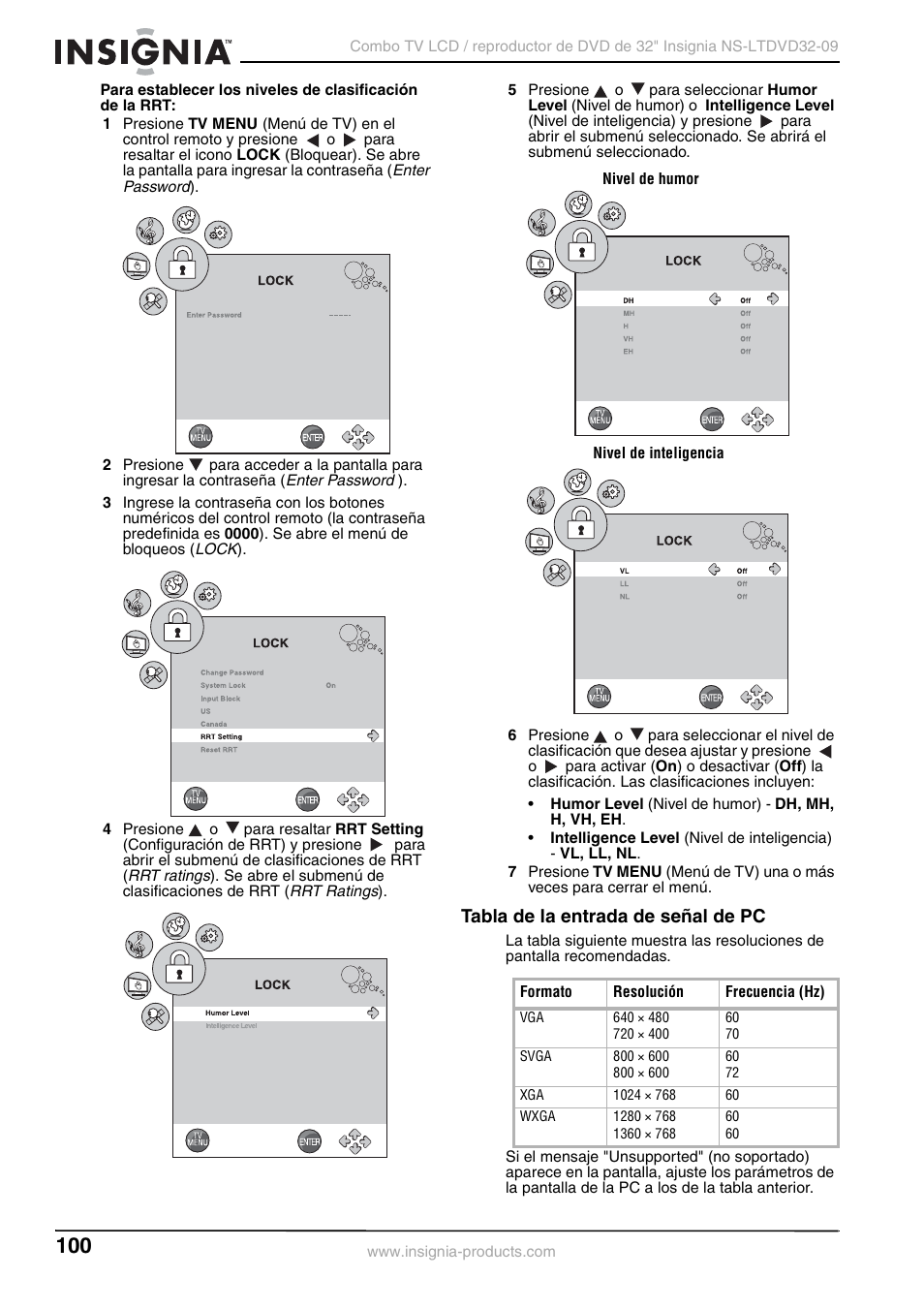Tabla de la entrada de señal de pc | Insignia NS-LTDVD32-09 User Manual | Page 100 / 116