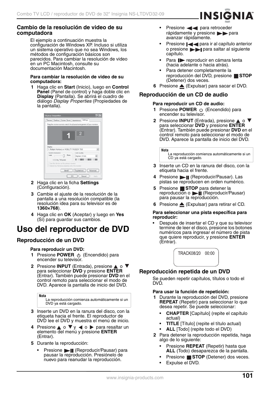 Cambio de la resolución de video de su computadora, Uso del reproductor de dvd, Reproducción de un dvd | Reproducción de un cd de audio, Reproducción repetida de un dvd | Insignia NS-LTDVD32-09 User Manual | Page 101 / 116