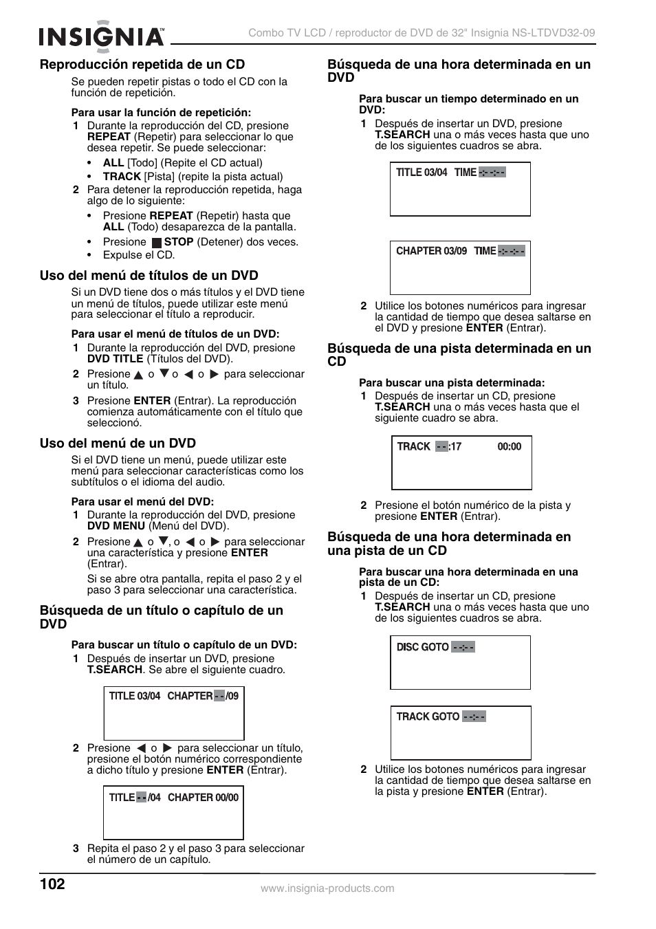 Reproducción repetida de un cd, Uso del menú de títulos de un dvd, Uso del menú de un dvd | Búsqueda de un título o capítulo de un dvd, Búsqueda de una hora determinada en un dvd, Búsqueda de una pista determinada en un cd | Insignia NS-LTDVD32-09 User Manual | Page 102 / 116