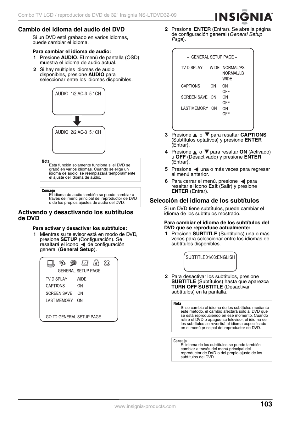 Cambio del idioma del audio del dvd, Activando y desactivando los subtítulos de dvd, Selección del idioma de los subtítulos | Insignia NS-LTDVD32-09 User Manual | Page 103 / 116