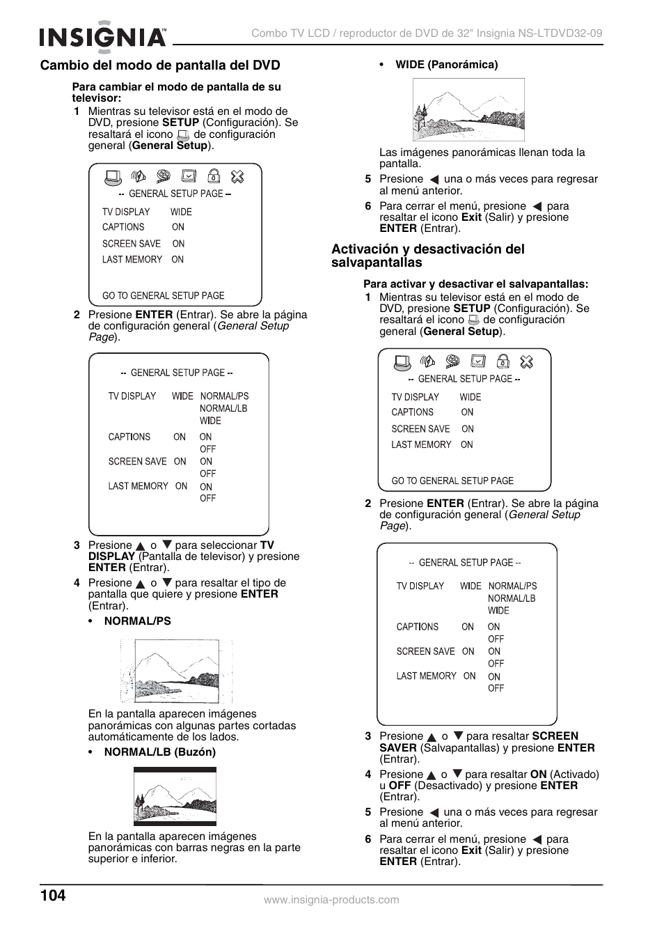 Cambio del modo de pantalla del dvd, Activación y desactivación del salvapantallas | Insignia NS-LTDVD32-09 User Manual | Page 104 / 116