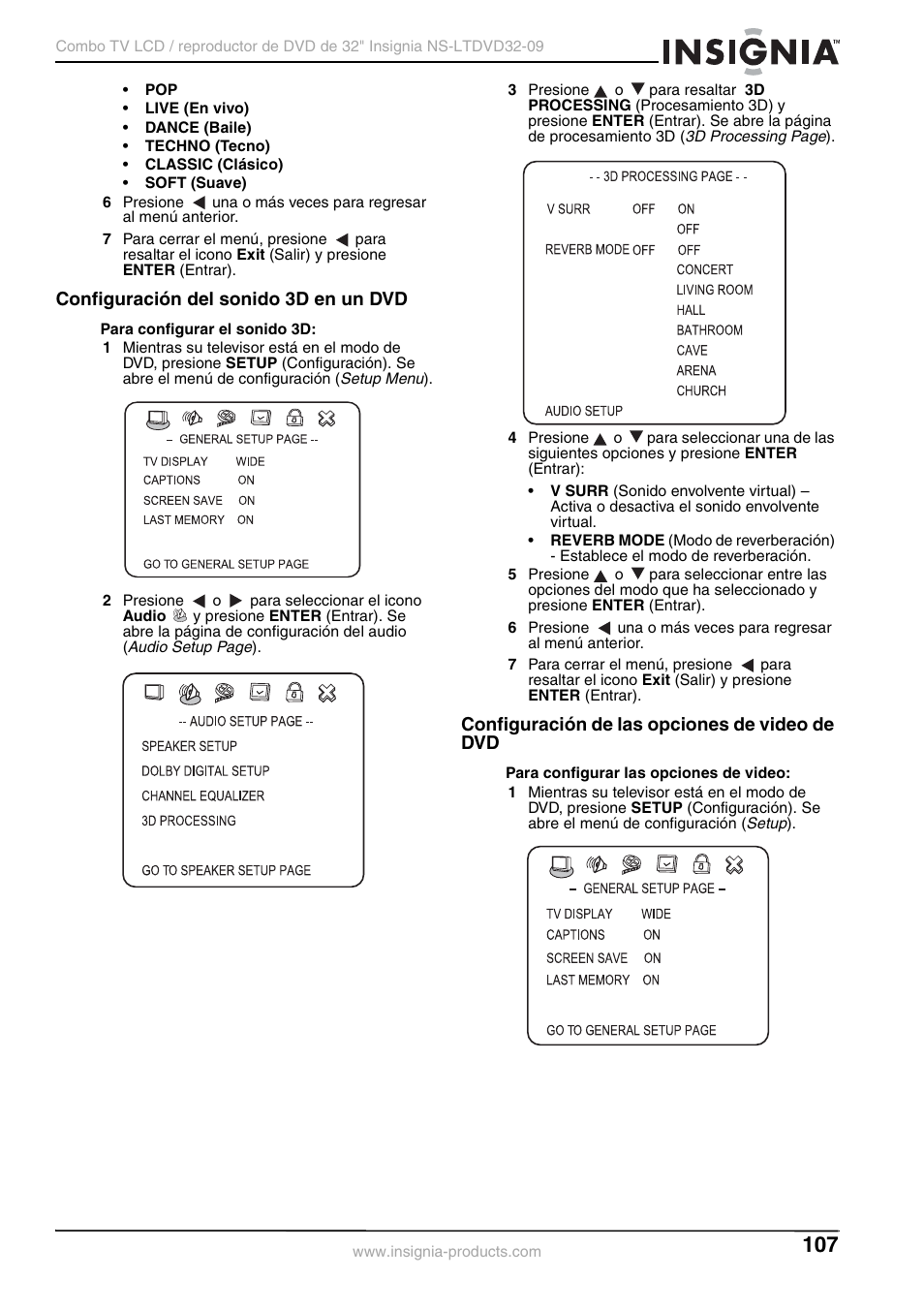 Configuración del sonido 3d en un dvd, Configuración de las opciones de video de dvd | Insignia NS-LTDVD32-09 User Manual | Page 107 / 116