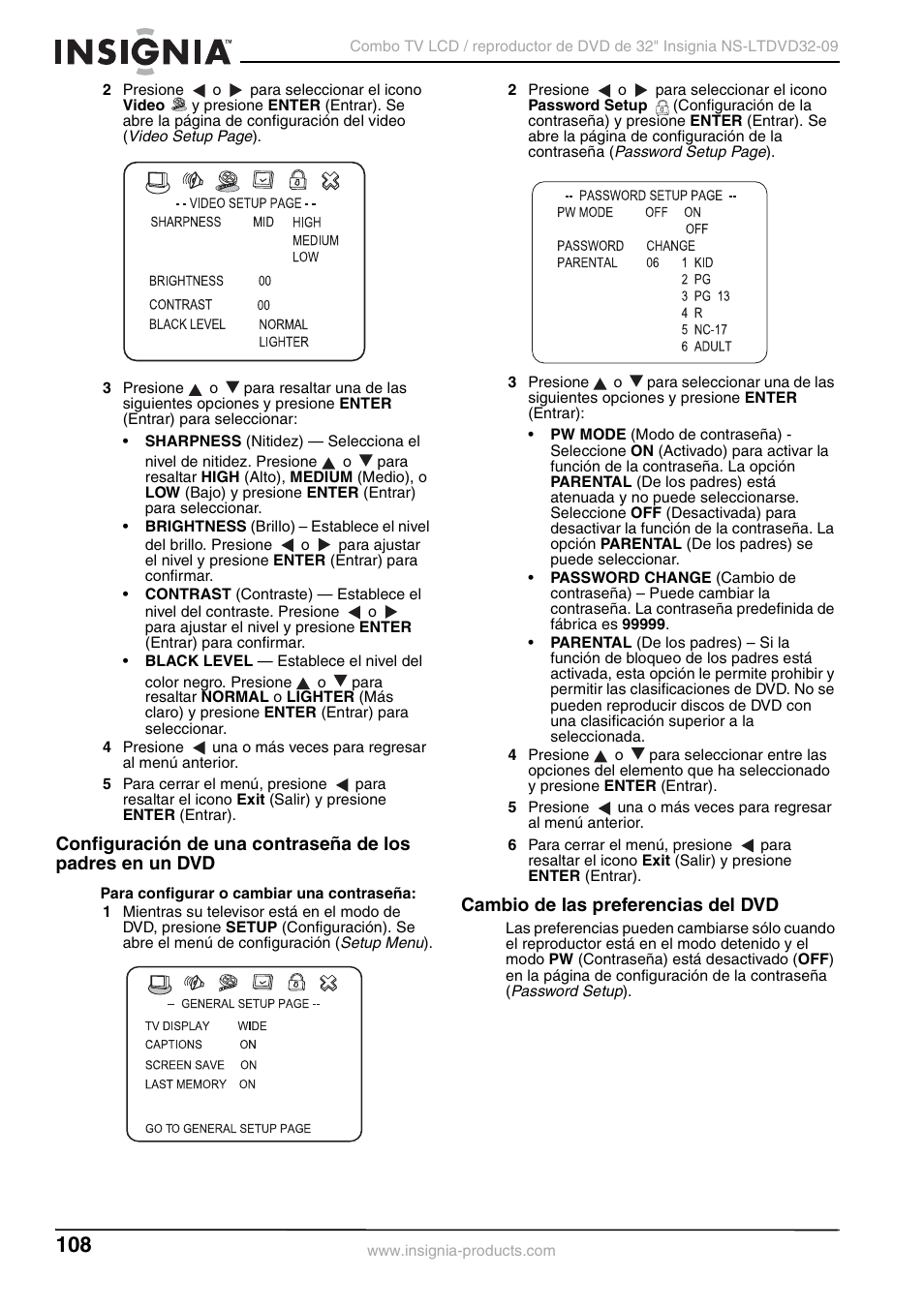 Cambio de las preferencias del dvd | Insignia NS-LTDVD32-09 User Manual | Page 108 / 116