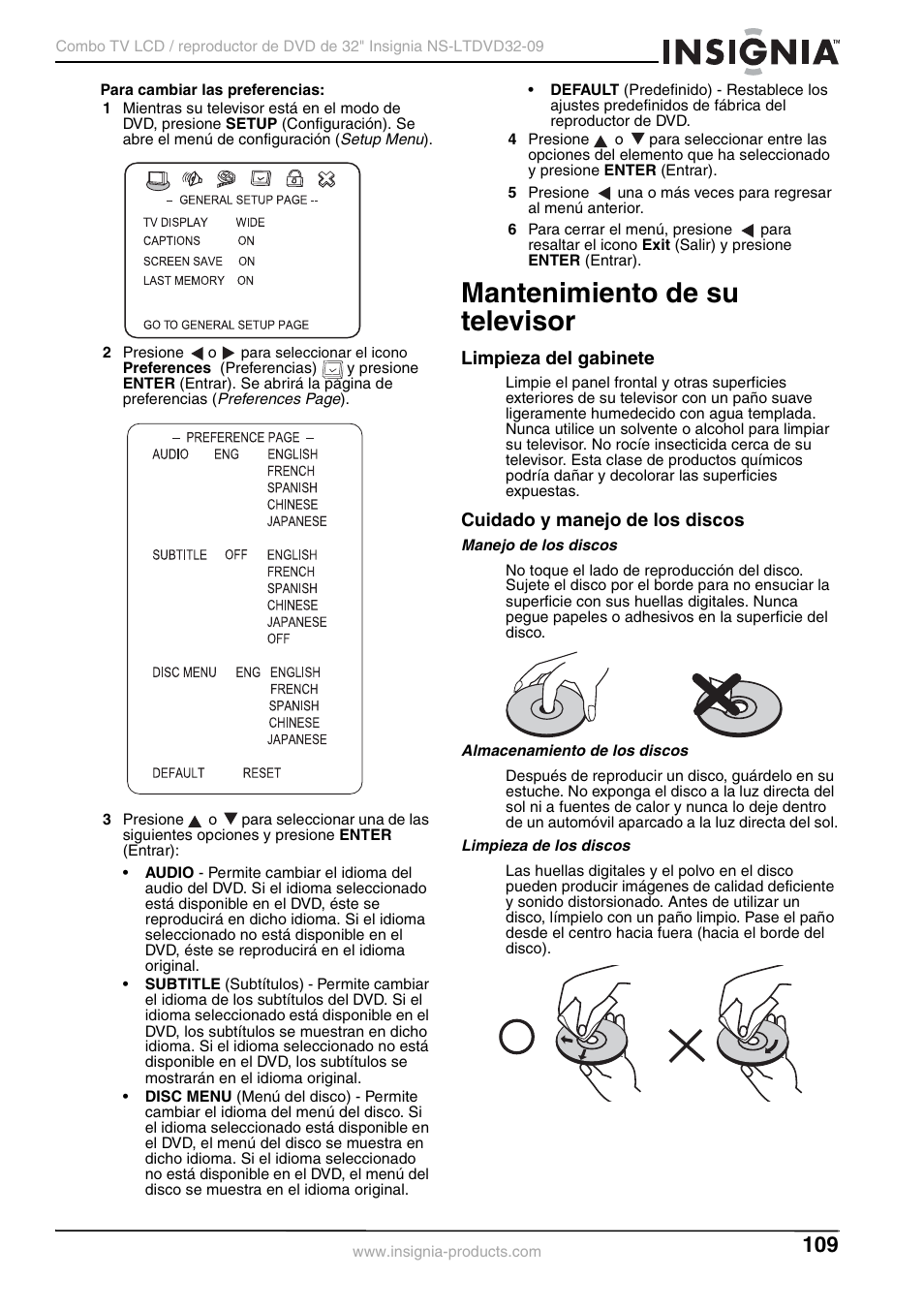 Mantenimiento de su televisor, Limpieza del gabinete, Cuidado y manejo de los discos | Manejo de los discos, Almacenamiento de los discos, Limpieza de los discos | Insignia NS-LTDVD32-09 User Manual | Page 109 / 116