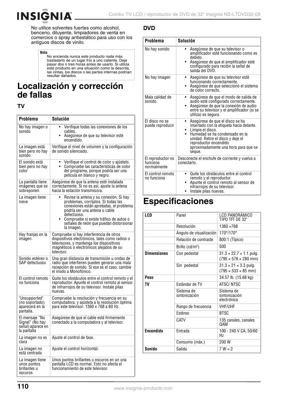 Localización y corrección de fallas, Especificaciones, Tv dvd | Insignia NS-LTDVD32-09 User Manual | Page 110 / 116
