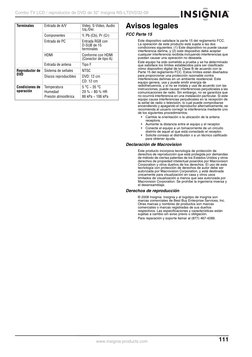 Avisos legales, Fcc parte 15, Declaración de macrovision | Derechos de reproducción | Insignia NS-LTDVD32-09 User Manual | Page 111 / 116