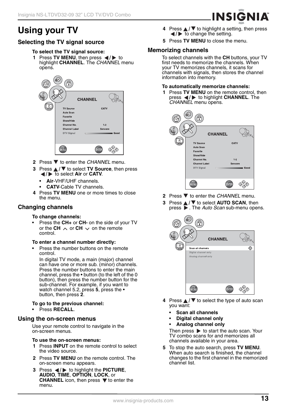 Using your tv, Selecting the tv signal source, Changing channels | Using the on-screen menus, Memorizing channels | Insignia NS-LTDVD32-09 User Manual | Page 13 / 116