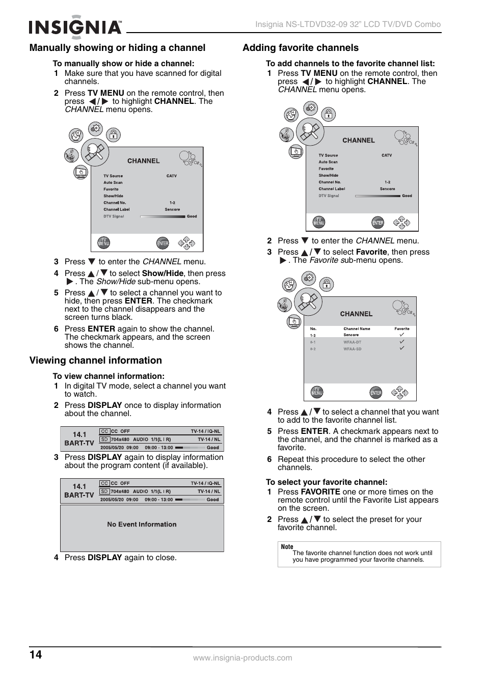 Manually showing or hiding a channel, Viewing channel information, Adding favorite channels | Insignia NS-LTDVD32-09 User Manual | Page 14 / 116