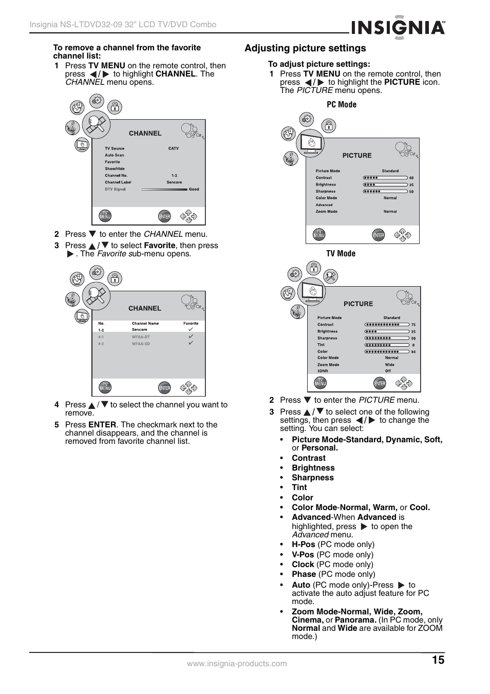 Adjusting picture settings | Insignia NS-LTDVD32-09 User Manual | Page 15 / 116