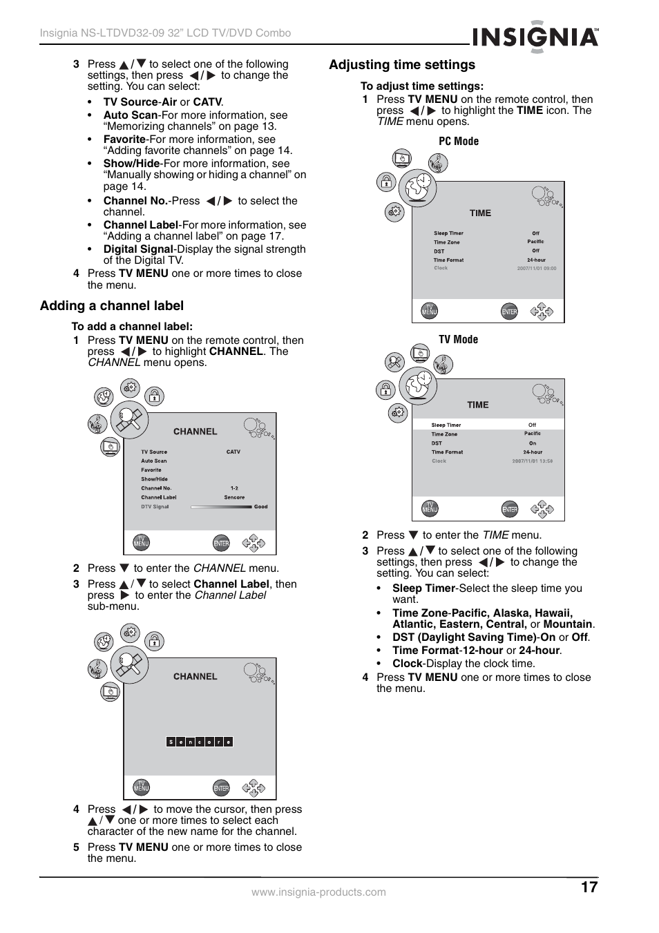 Adding a channel label, Adjusting time settings, Adding a channel label adjusting time settings | Insignia NS-LTDVD32-09 User Manual | Page 17 / 116