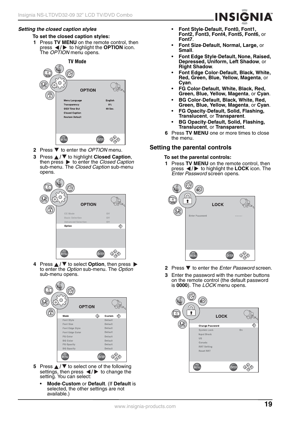Setting the closed caption styles, Setting the parental controls | Insignia NS-LTDVD32-09 User Manual | Page 19 / 116