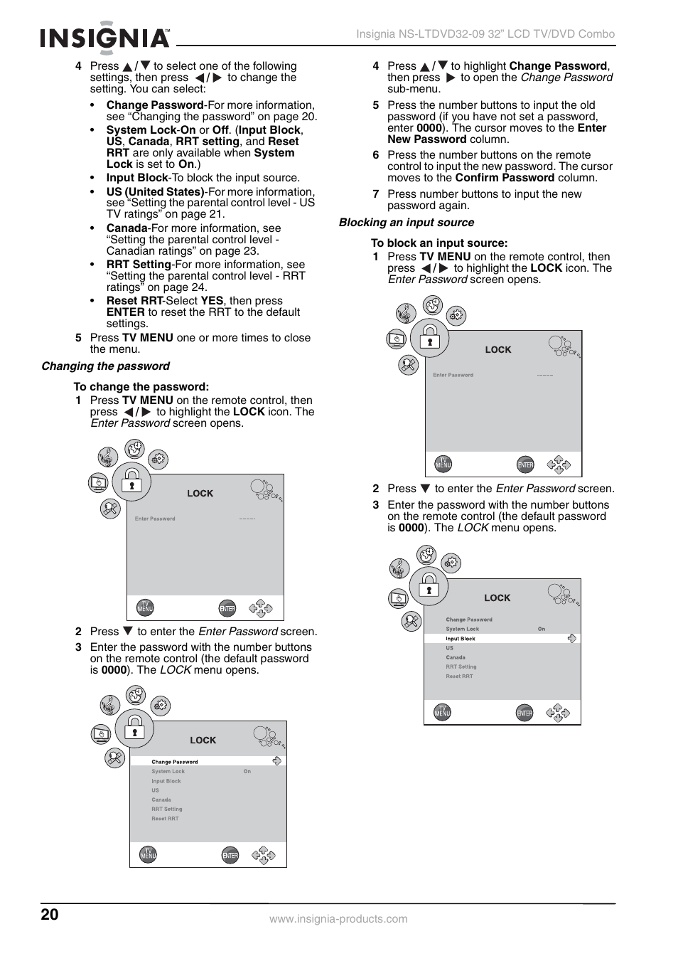 Changing the password, Blocking an input source | Insignia NS-LTDVD32-09 User Manual | Page 20 / 116
