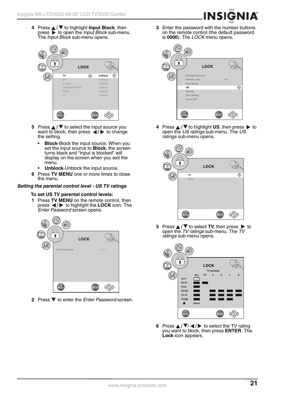 Setting the parental control level - us tv ratings | Insignia NS-LTDVD32-09 User Manual | Page 21 / 116