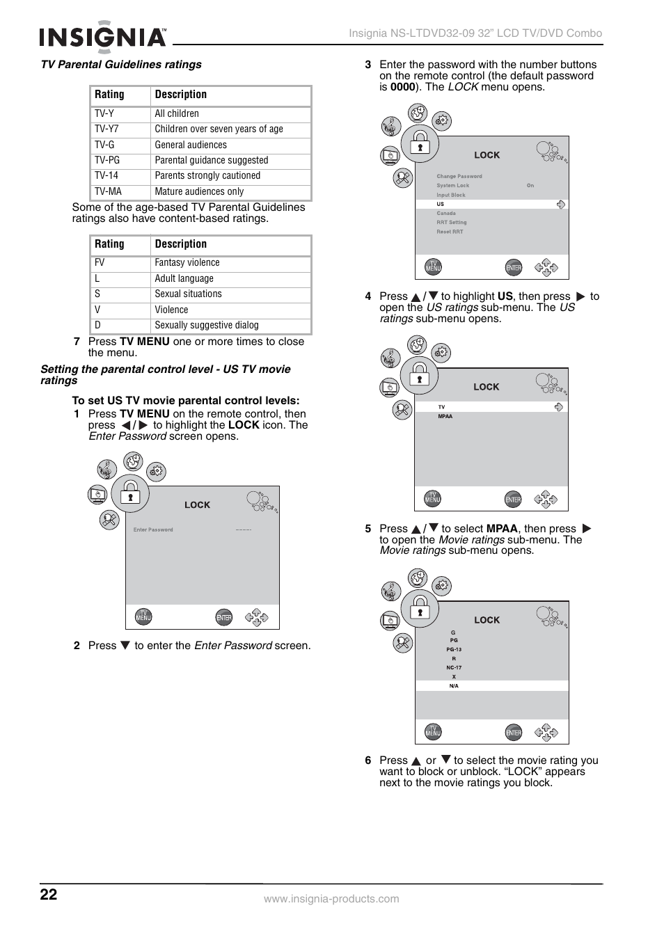 Tv parental guidelines ratings | Insignia NS-LTDVD32-09 User Manual | Page 22 / 116