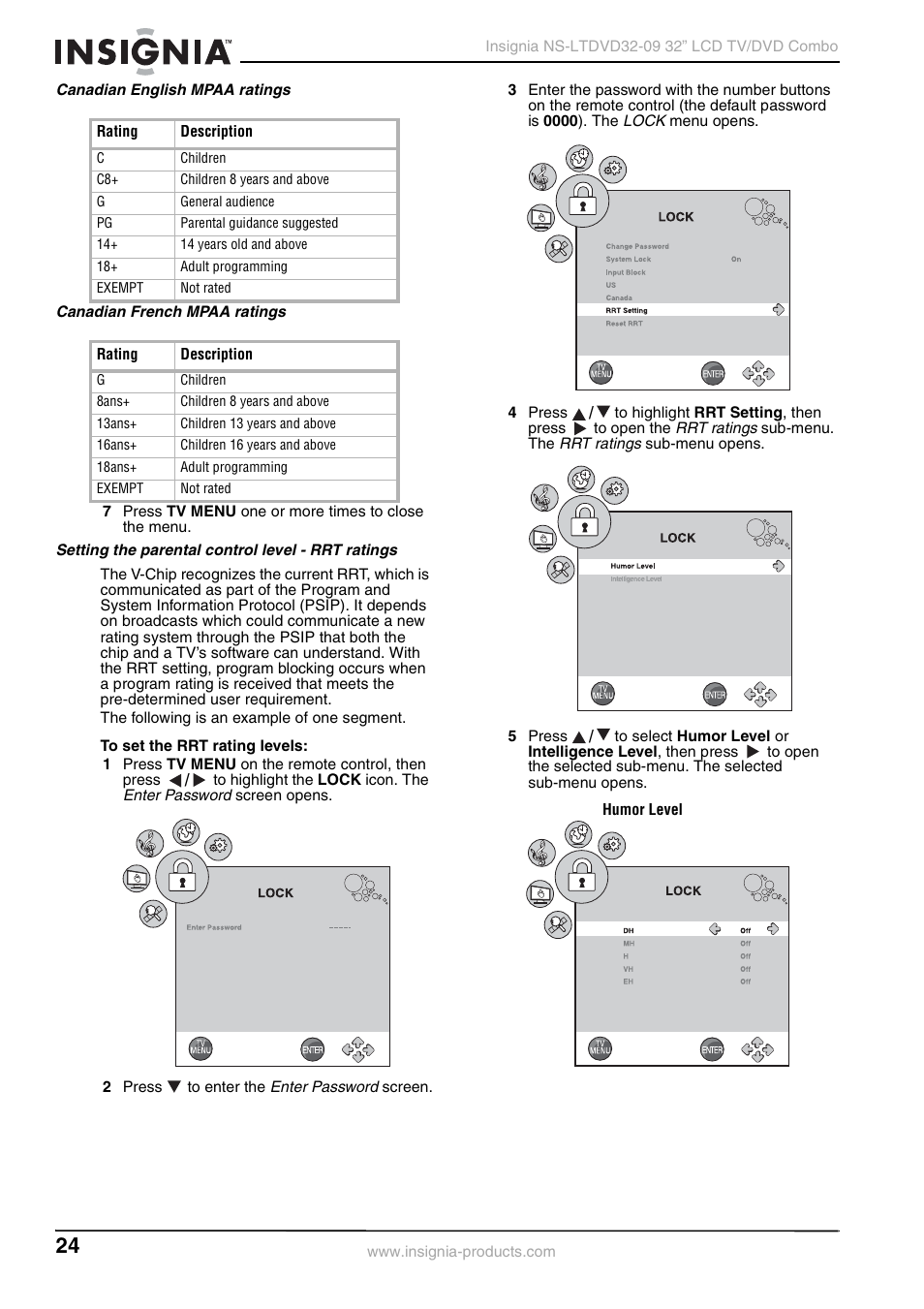 Canadian english mpaa ratings, Canadian french mpaa ratings, Setting the parental control level - rrt ratings | Insignia NS-LTDVD32-09 User Manual | Page 24 / 116