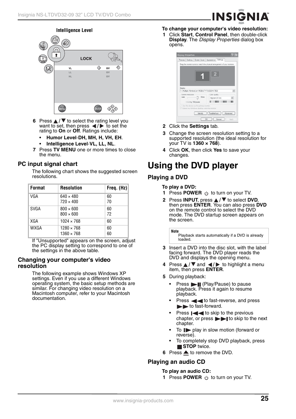 Pc input signal chart, Changing your computer's video resolution, Using the dvd player | Playing a dvd, Playing an audio cd, Playing a dvd playing an audio cd | Insignia NS-LTDVD32-09 User Manual | Page 25 / 116