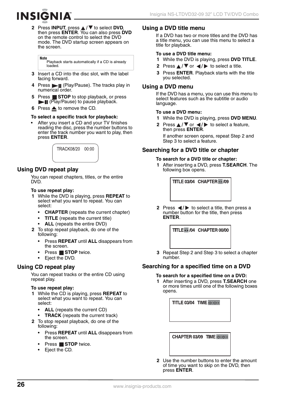 Using dvd repeat play, Using cd repeat play, Using a dvd title menu | Using a dvd menu, Searching for a dvd title or chapter, Searching for a specified time on a dvd | Insignia NS-LTDVD32-09 User Manual | Page 26 / 116