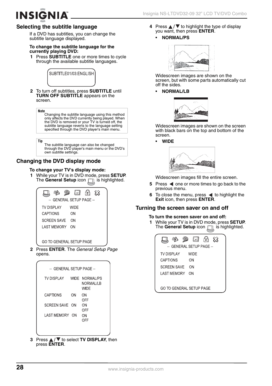 Selecting the subtitle language, Changing the dvd display mode, Turning the screen saver on and off | Insignia NS-LTDVD32-09 User Manual | Page 28 / 116