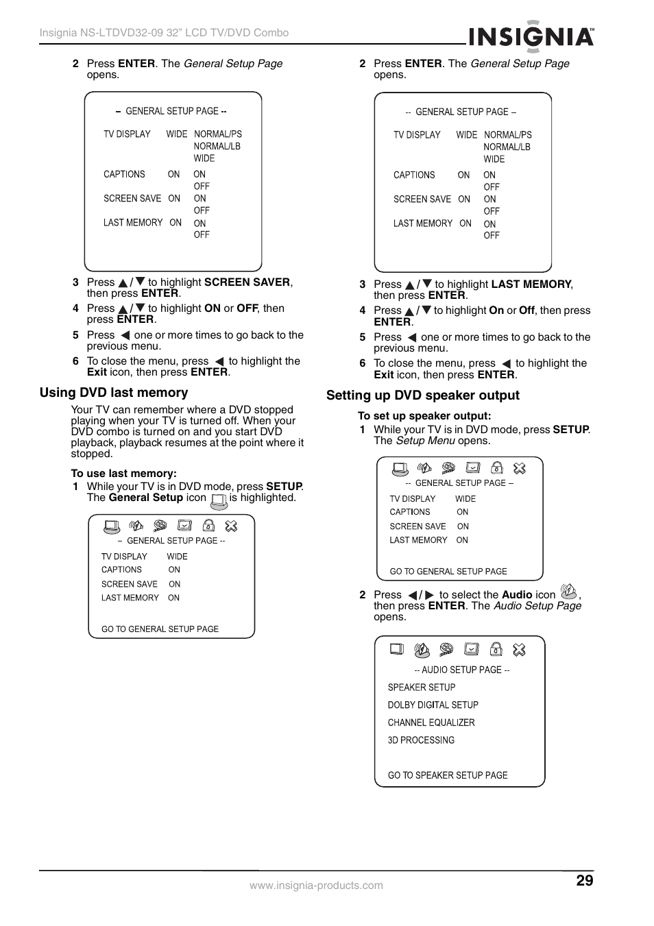 Using dvd last memory, Setting up dvd speaker output | Insignia NS-LTDVD32-09 User Manual | Page 29 / 116