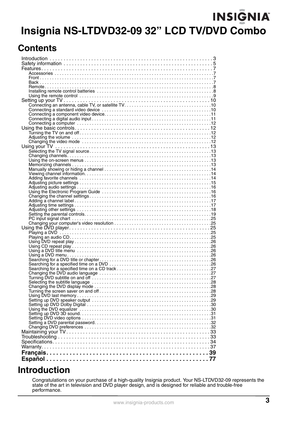 Insignia NS-LTDVD32-09 User Manual | Page 3 / 116