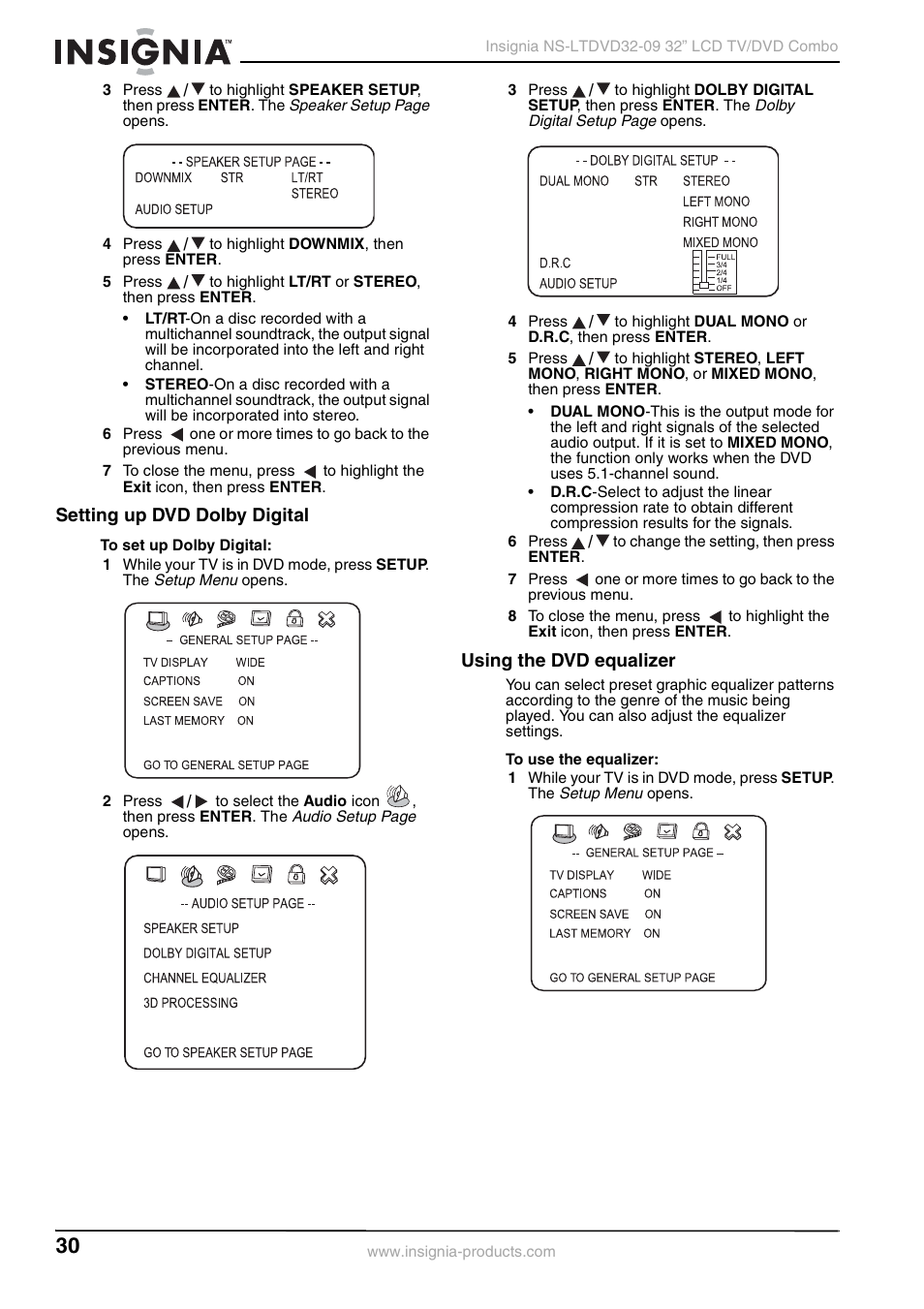 Setting up dvd dolby digital, Using the dvd equalizer | Insignia NS-LTDVD32-09 User Manual | Page 30 / 116