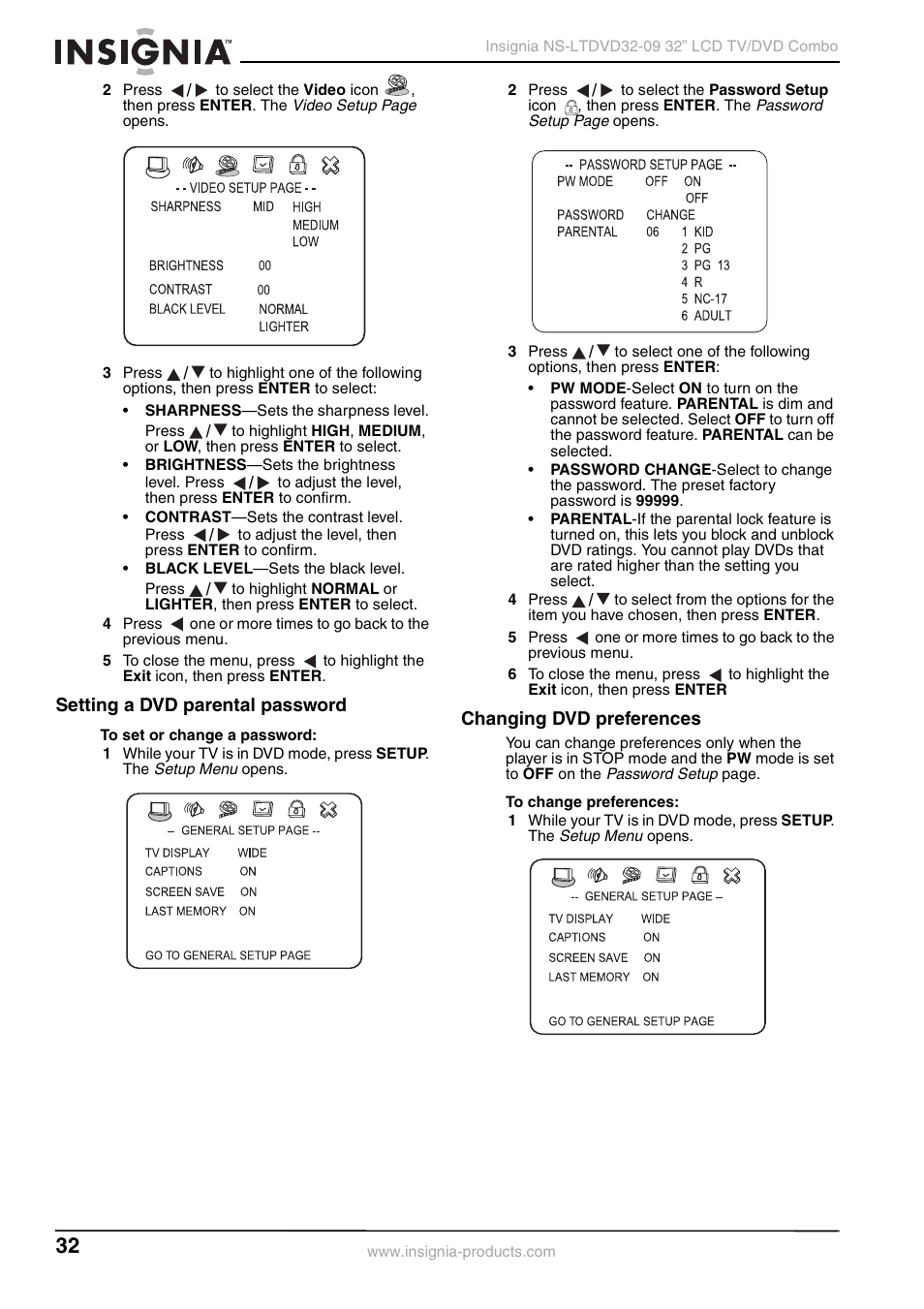 Setting a dvd parental password, Changing dvd preferences | Insignia NS-LTDVD32-09 User Manual | Page 32 / 116