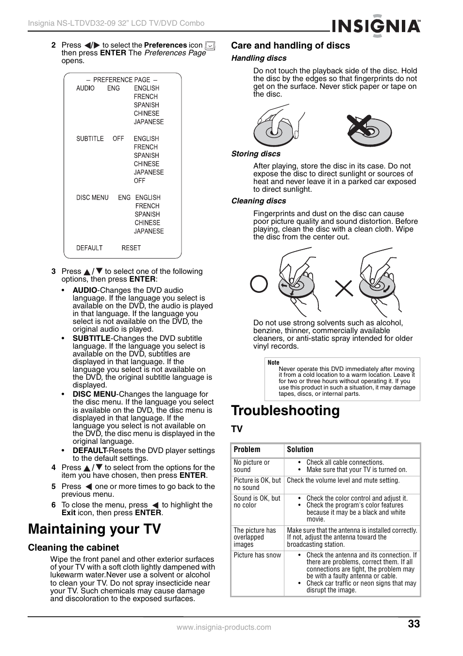 Maintaining your tv, Cleaning the cabinet, Care and handling of discs | Handling discs, Storing discs, Cleaning discs, Troubleshooting, Maintaining your tv troubleshooting | Insignia NS-LTDVD32-09 User Manual | Page 33 / 116