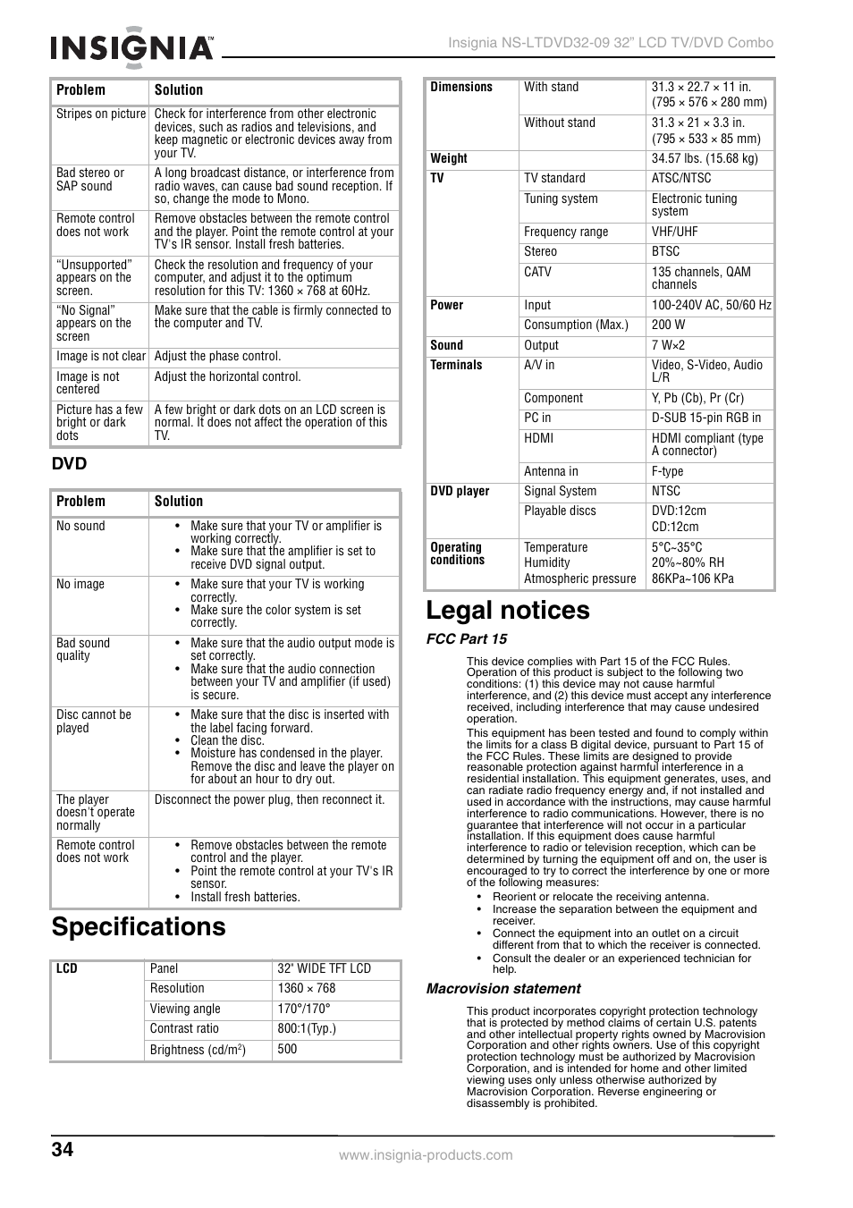 Specifications, Legal notices, Fcc part 15 | Macrovision statement, Specifications legal notices | Insignia NS-LTDVD32-09 User Manual | Page 34 / 116
