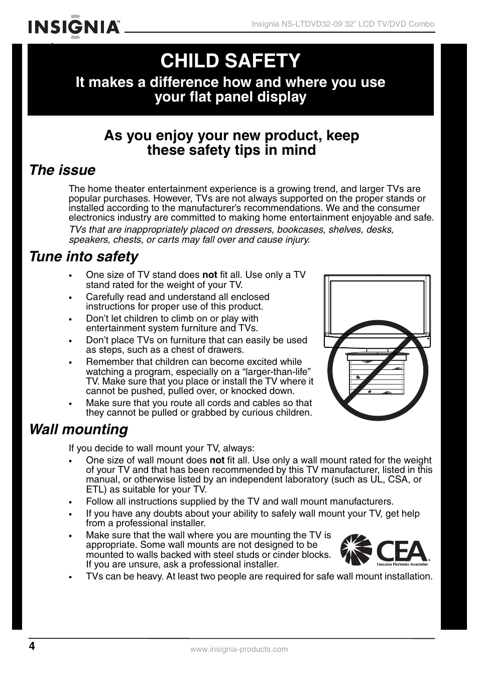 Child safety, The issue, Tune into safety | Wall mounting | Insignia NS-LTDVD32-09 User Manual | Page 4 / 116