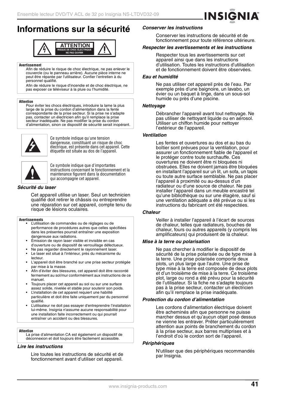 Informations sur la sécurité, Sécurité du laser, Lire les instructions | Conserver les instructions, Respecter les avertissements et les instructions, Eau et humidité, Nettoyage, Ventilation, Chaleur, Mise à la terre ou polarisation | Insignia NS-LTDVD32-09 User Manual | Page 41 / 116