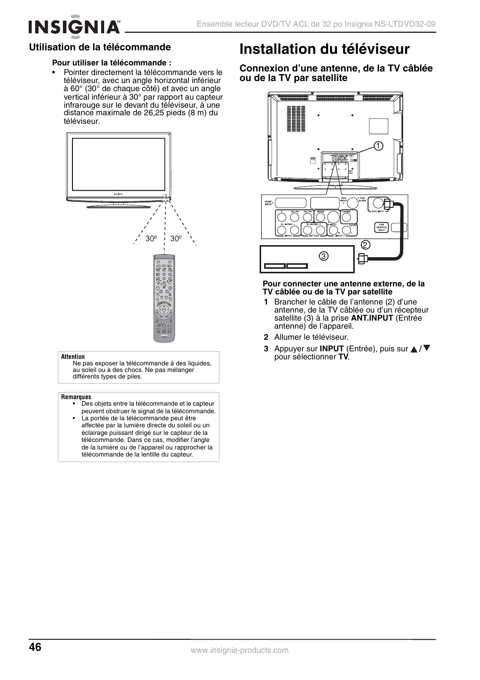 Utilisation de la télécommande, Installation du téléviseur | Insignia NS-LTDVD32-09 User Manual | Page 46 / 116