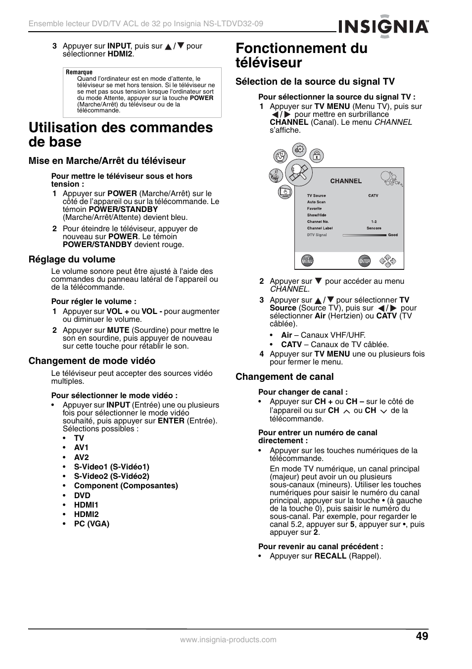 Utilisation des commandes de base, Mise en marche/arrêt du téléviseur, Réglage du volume | Changement de mode vidéo, Fonctionnement du téléviseur, Sélection de la source du signal tv, Changement de canal | Insignia NS-LTDVD32-09 User Manual | Page 49 / 116