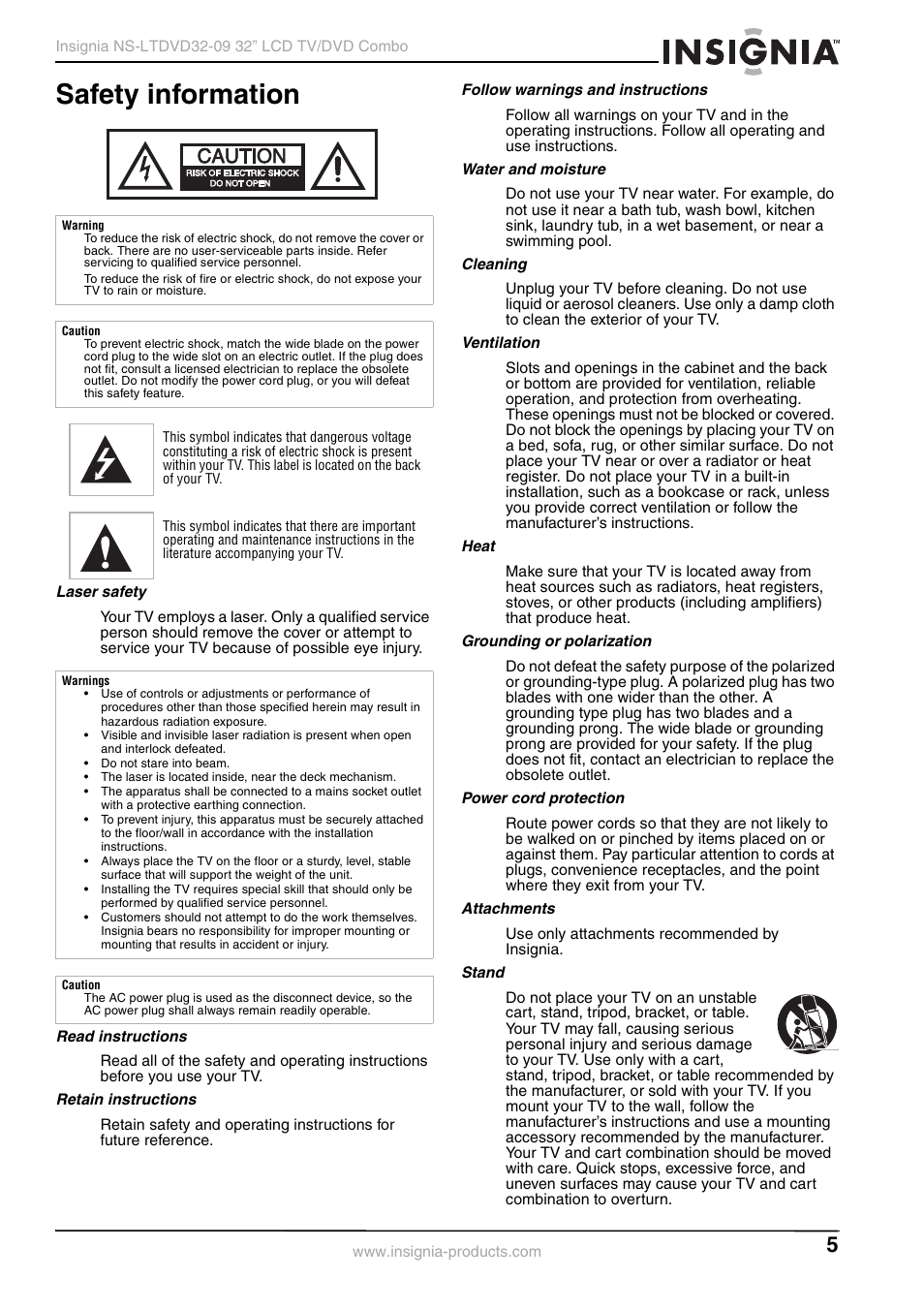 Safety information, Laser safety, Read instructions | Retain instructions, Follow warnings and instructions, Water and moisture, Cleaning, Ventilation, Heat, Grounding or polarization | Insignia NS-LTDVD32-09 User Manual | Page 5 / 116