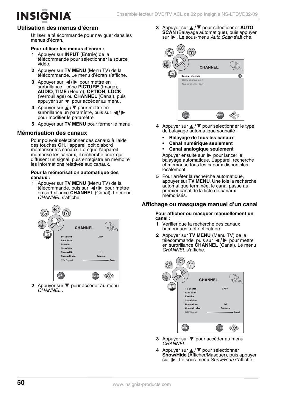 Utilisation des menus d’écran, Mémorisation des canaux, Affichage ou masquage manuel d’un canal | Insignia NS-LTDVD32-09 User Manual | Page 50 / 116