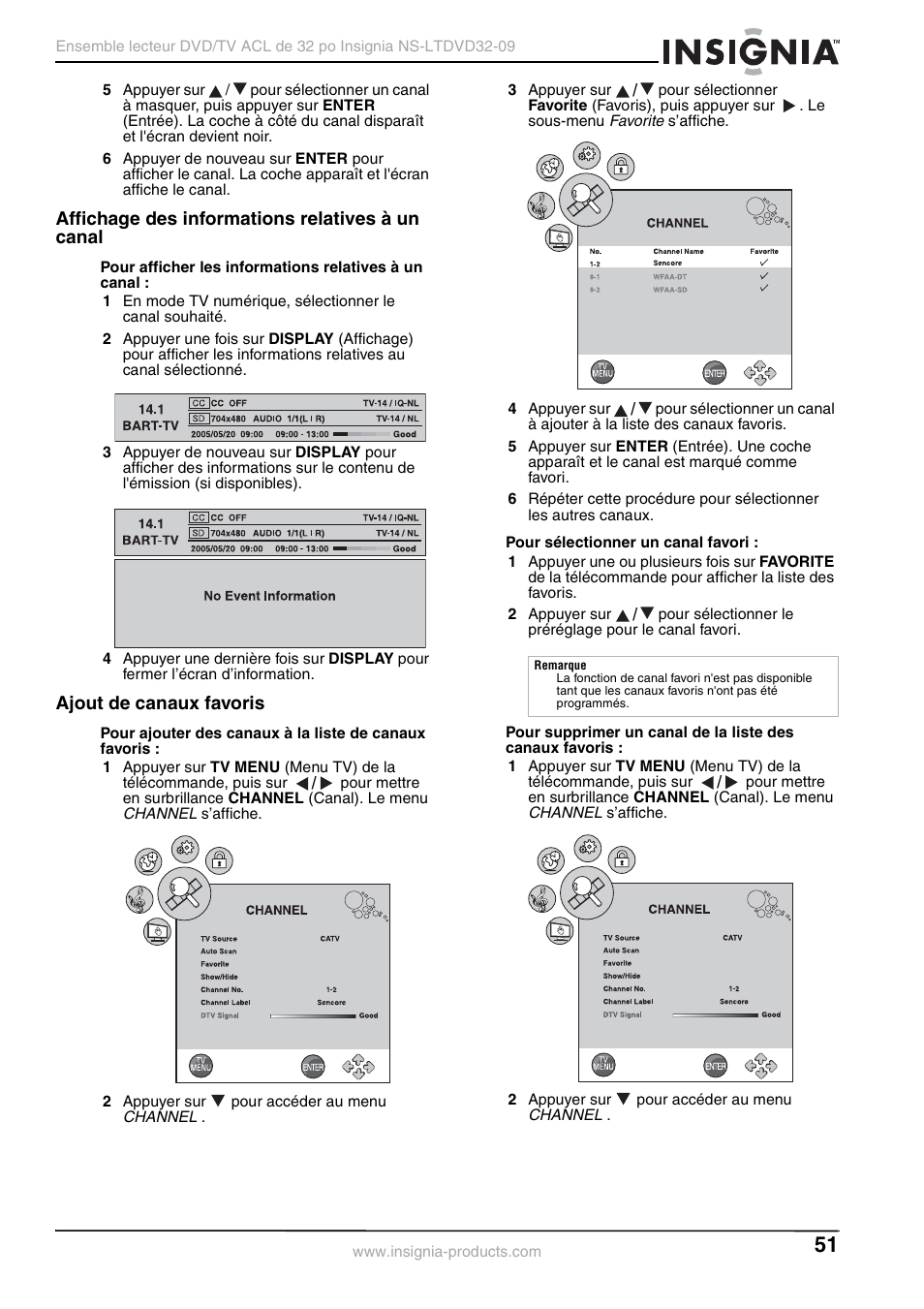 Affichage des informations relatives à un canal, Ajout de canaux favoris | Insignia NS-LTDVD32-09 User Manual | Page 51 / 116