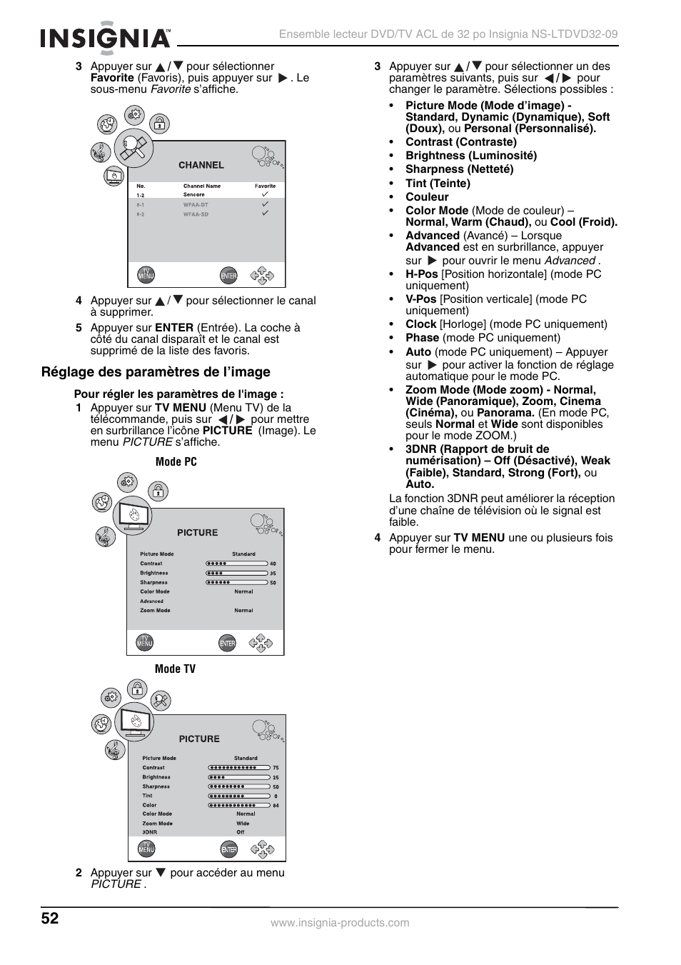 Réglage des paramètres de l’image | Insignia NS-LTDVD32-09 User Manual | Page 52 / 116