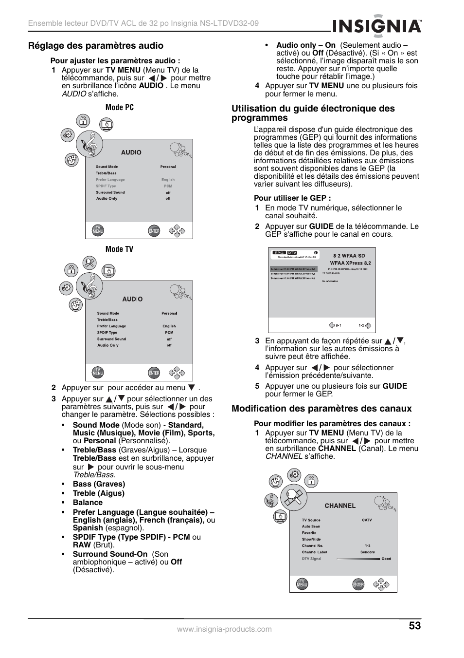 Réglage des paramètres audio, Utilisation du guide électronique des programmes, Modification des paramètres des canaux | Insignia NS-LTDVD32-09 User Manual | Page 53 / 116