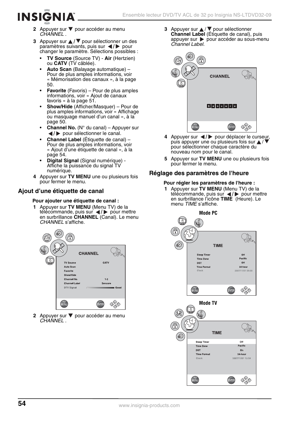 Ajout d’une étiquette de canal, Réglage des paramètres de l'heure | Insignia NS-LTDVD32-09 User Manual | Page 54 / 116