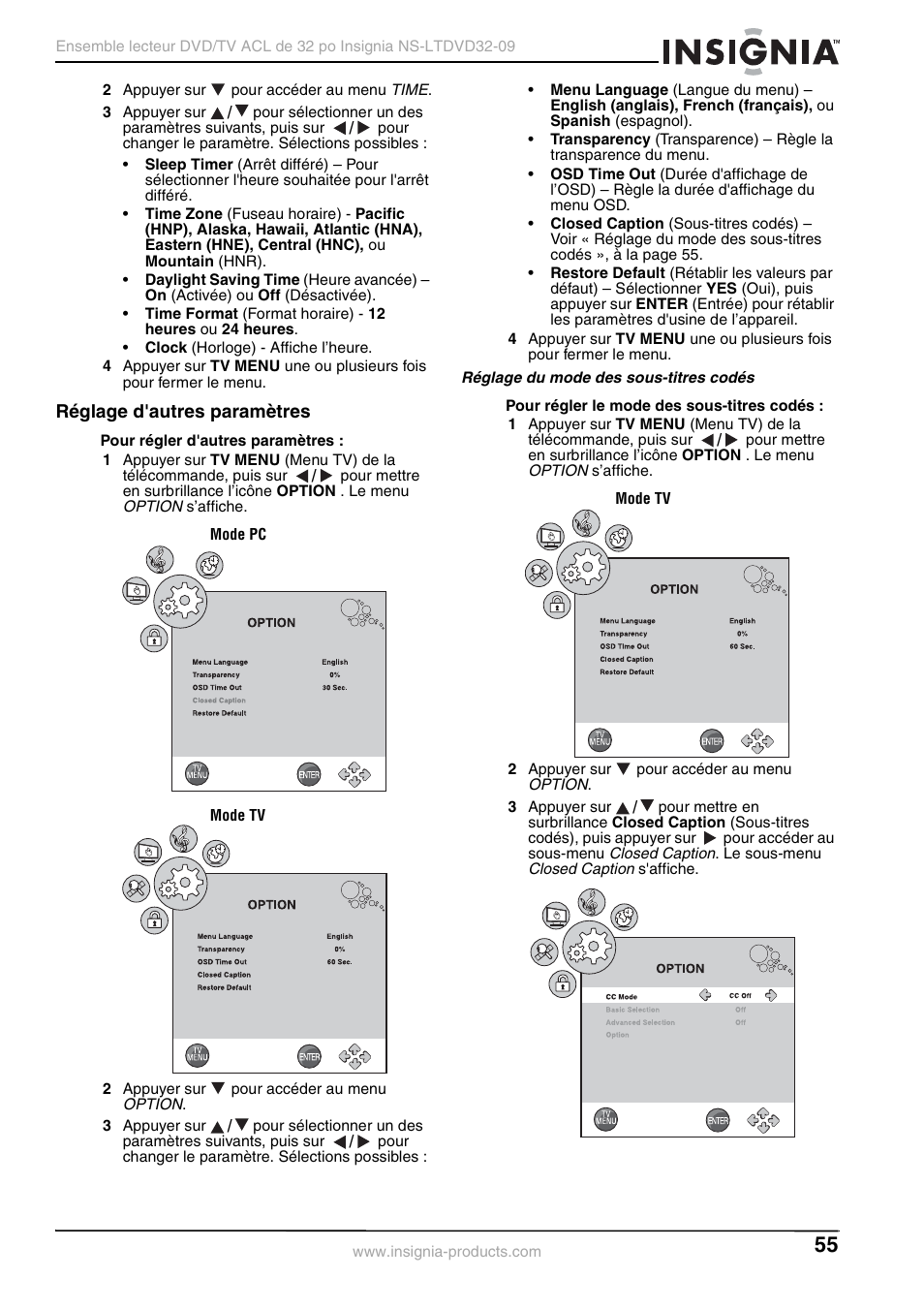 Réglage d'autres paramètres, Réglage du mode des sous-titres codés | Insignia NS-LTDVD32-09 User Manual | Page 55 / 116